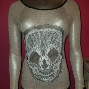 Urbana skull crochet knit top shirt lace tan beige macrame sheer medium stretchy